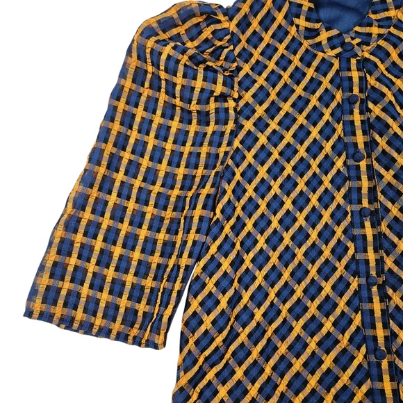 Eva Franco Anthropologie Textured Blue Yellow Plaid Blouse Size 2 Puff Sleeves - Picture 8 of 16